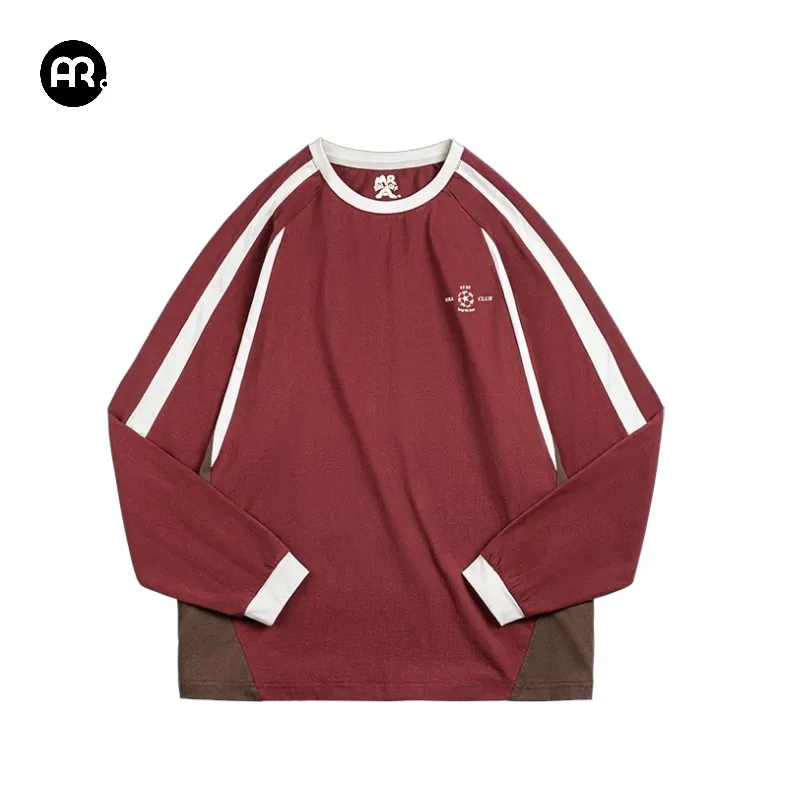 MRA Men's Retro Burgundy Jersey, Pure Cotton Long-Sleeve T-Shirt, Raglan Sporty Print Men's Pullover