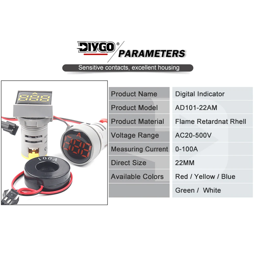 22Mm 0-100a Beschermende Film Mini Vierkant Rond Digitaal Display Huidige Indicator Ampère Led Pilot Lamp Ammeter Tester Meter