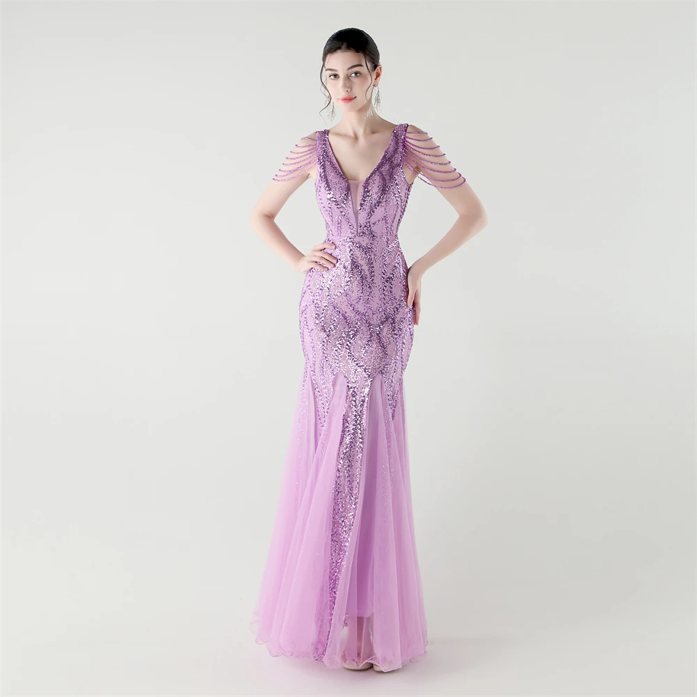 

Women's Sexy Sleeveless Purple Mermaid Maxi Dress Backless Beaded Sequin Formal Party Gown for Wholesale Dropshipping