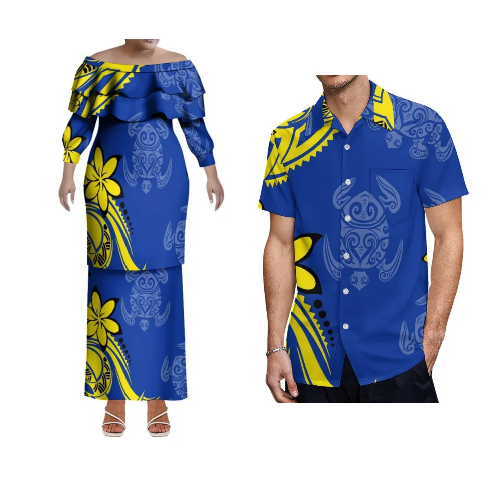 Colar de folha de lótus polinésia pletasi casal dupla camada vestidos de noite feitos sob encomenda samoan ternos de casal camisas masculinas
