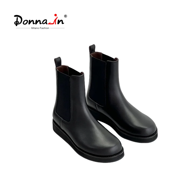 Donna-in Calfskin Leather Chelsea Boots Women Round Toe Slip-on Simple Stretch Boot Luxury Fashion Thick Sole Female Ankle Boots