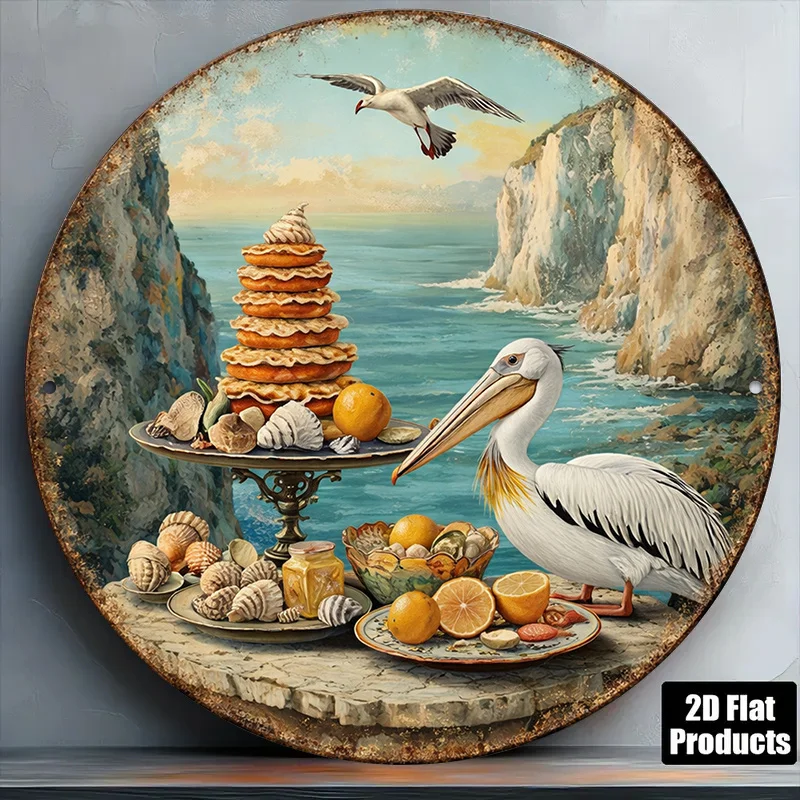2D Flat, 1pc 8x8in/20x20cm 2D Flat Round Sign, Vintage Plaque Featuring Seascape and Cuisine, Pelican and Fruit Decorative Sign,