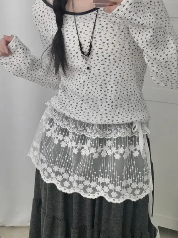 

Sweet Lace Belted Layered Women's Skirt Spring New Faion Hollow out Hook Design Casual mid Waist Cotton Embroidered Skirt