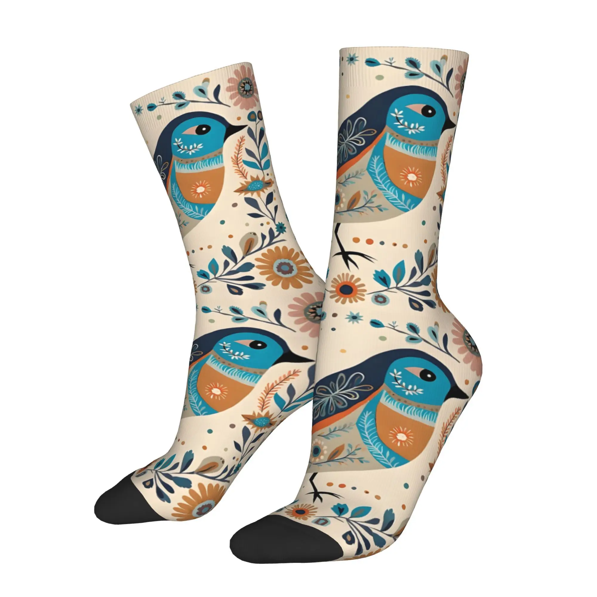 1pc Bird And Flowers Printed Men's Socks  Novelty Hip Hop Harajuku Pattern Crew Sock Casual Gift