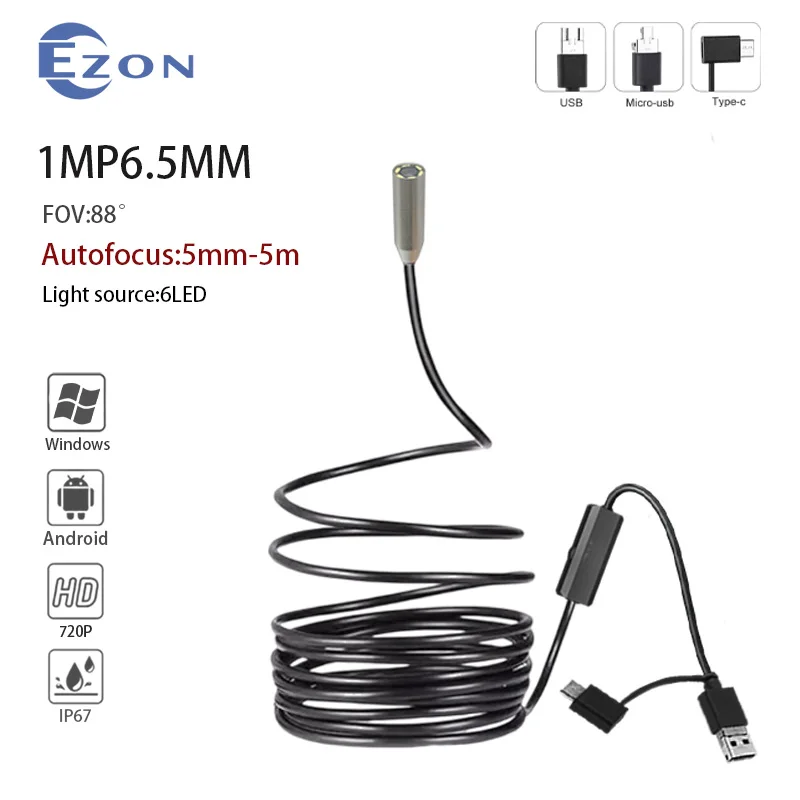 

1MP 6.5mm FOV 88° Autofocus Industrial Endoscope Camera for Pipeline Inspection 1.5m USB Type-C Android 3-in-1 Endoscope Camera