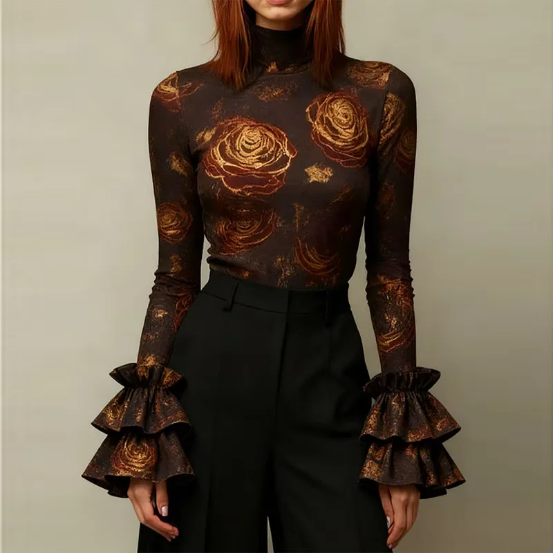 

Fashion Top Women T-shirts Vintage Spring Autumn High Neck Ruffled Bell Sleeve Gold Rose Print Skinny Tops Bottoming Versatile