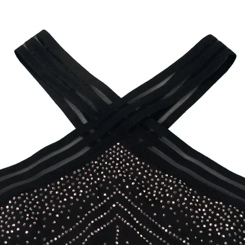 GUWU Diamanti Strass Pagliaccetto Donna Senza maniche Halter Sheer Mesh Patchwork Tute intere Club Party Compleanno Abiti