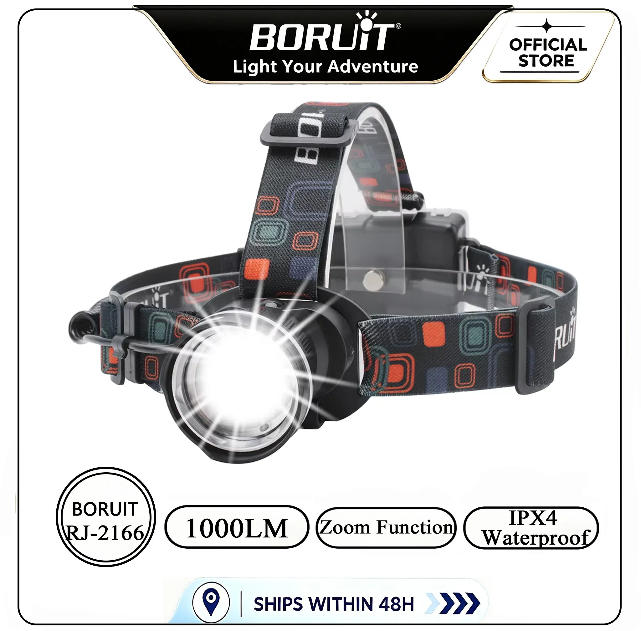 BOIRUiT RJ-2166 Zoom LED Headlamp 1000LM Powerful Headlight Use AA Battery Head Torch Waterproof Camping Hunting Lantern