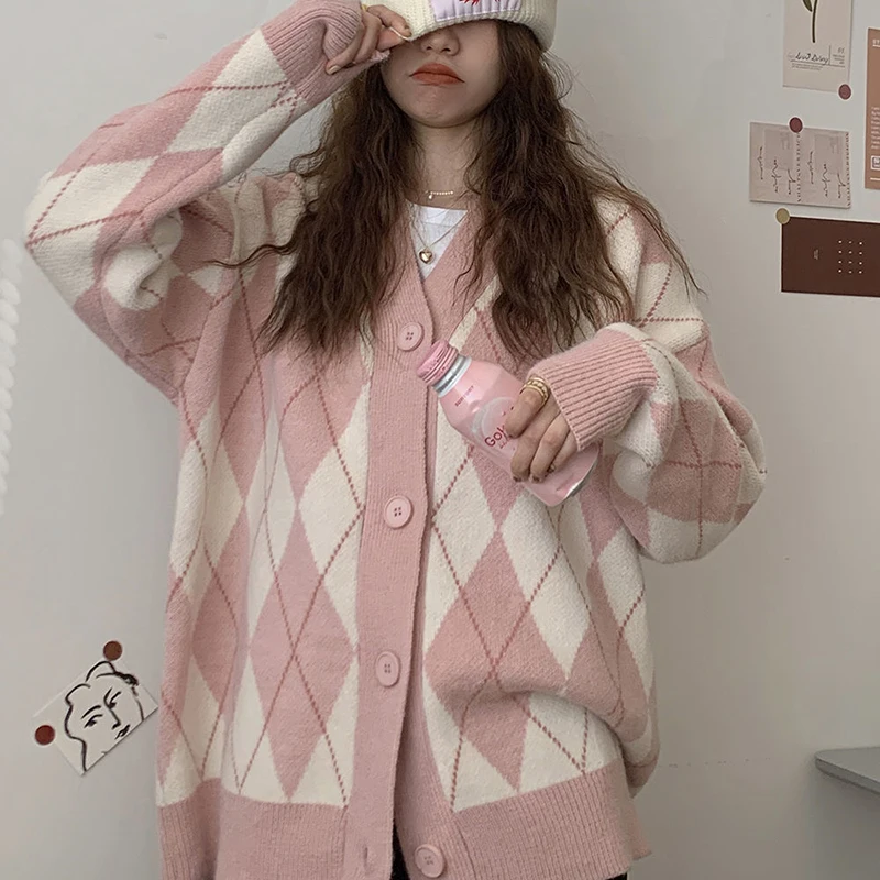 Diamond Knitted Cardigan for Women Autumn Winter V Neck Loose Sweater Coat Woman Pink Long Sleeve Oversized Cardigan Female