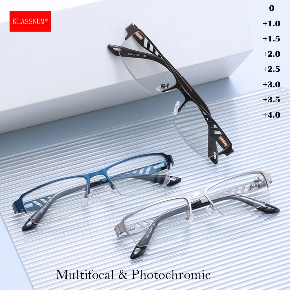 KLASSNUM Men Progressive Multifocal Reading Glasses Photochromic Metal Half Frame Magnifying Glass Classic Lens+1.0+2.0+2.5+3.0
