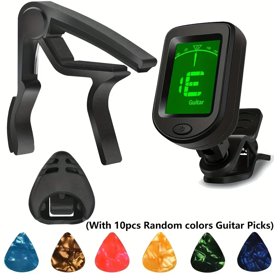 Guitar Beginner Accessories Set Guitar Capo Tuner Includes 10 picks (Random) Plectrum Holder - Perfect For Fast Accurate Tuning