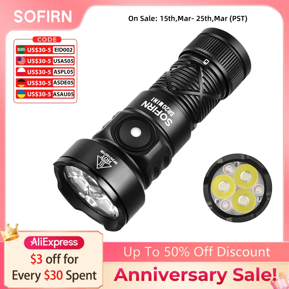 

Sofirn SR20 MINI 1200lm Flashlight 18350 White and Red LED Light for Camping, Hunting, and Emergency Situations IP68 Waterproof