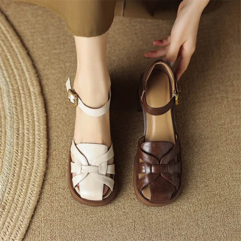 2023 New Summer Sandals Cow Leather Luxury Roman Sandals Casual Buckle Strap Summer Shoes GLADIATOR Thick Heel Women High Heels