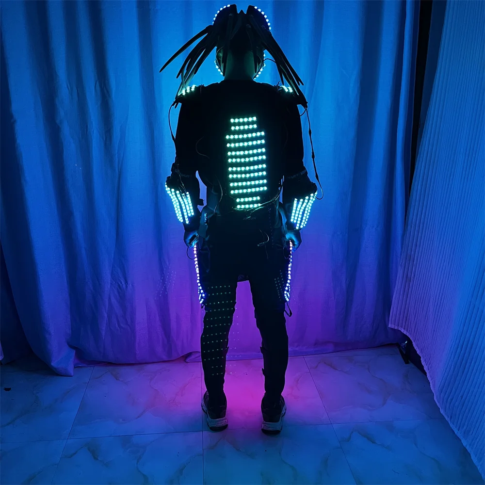 Cool Full Color LED Light Robot Costume Jacket Helmet Bar DJ Music Festivals Laser Gloves Helmet Luminous Suit Jacket Clothing