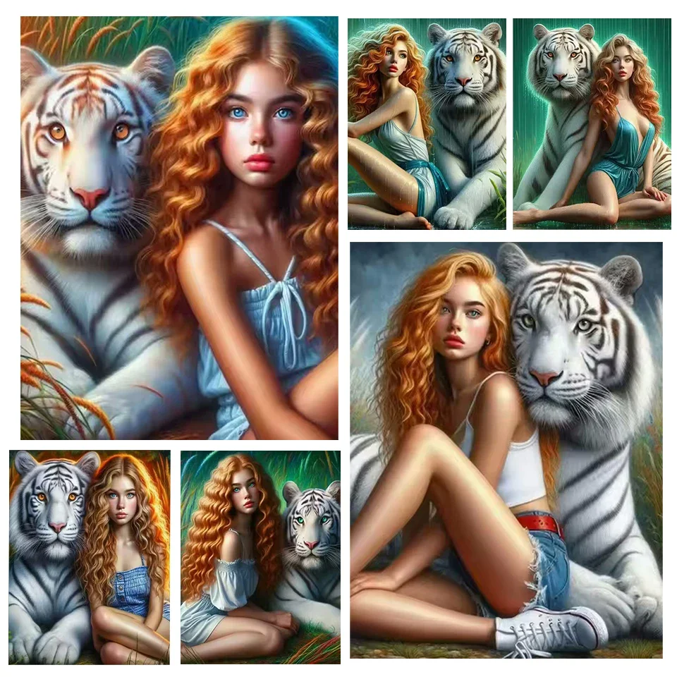 Diamond Painting 5D DIY New Series Women and Tigers Full Circle Square Art Mosaic Embroidery Animal Women Image Decoration