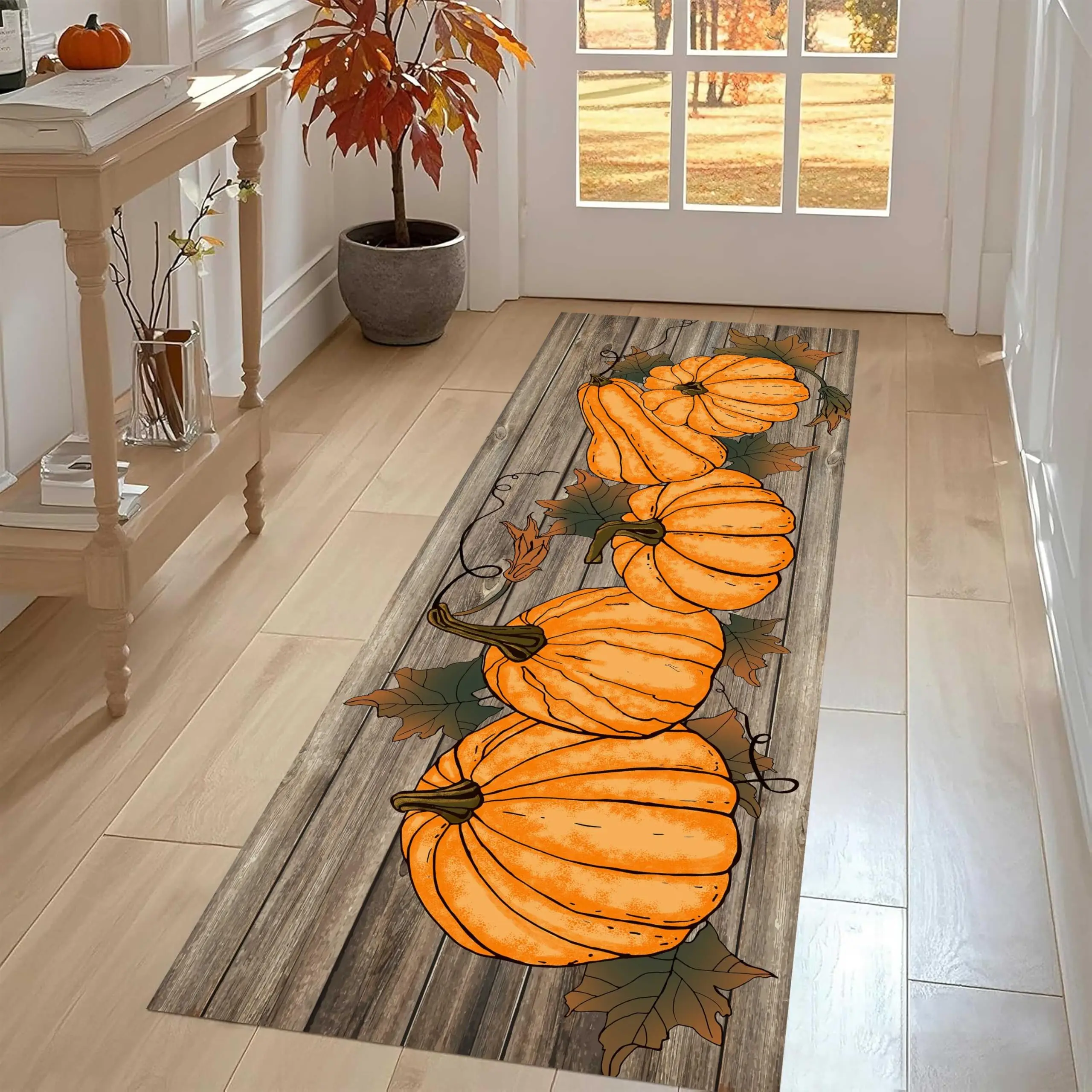 Gothic Halloween Runner Carpet Pumpkin Floral Area Rug Anti Slip Purple Frame Vines Hallway Porch Living Room Floor Mat