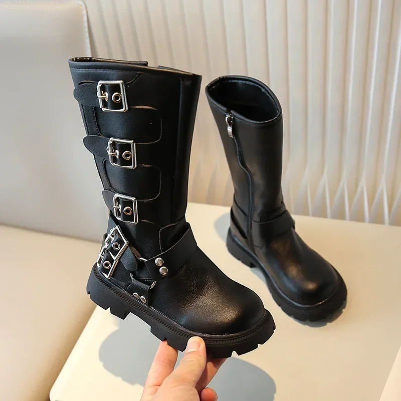 Girls\' Shoes Zip Calf Boots for Girls Kids 2023 Autumn Children\'s Non-slip Shoe Metal Buckle Fashion Motorcycle Boot 27-37