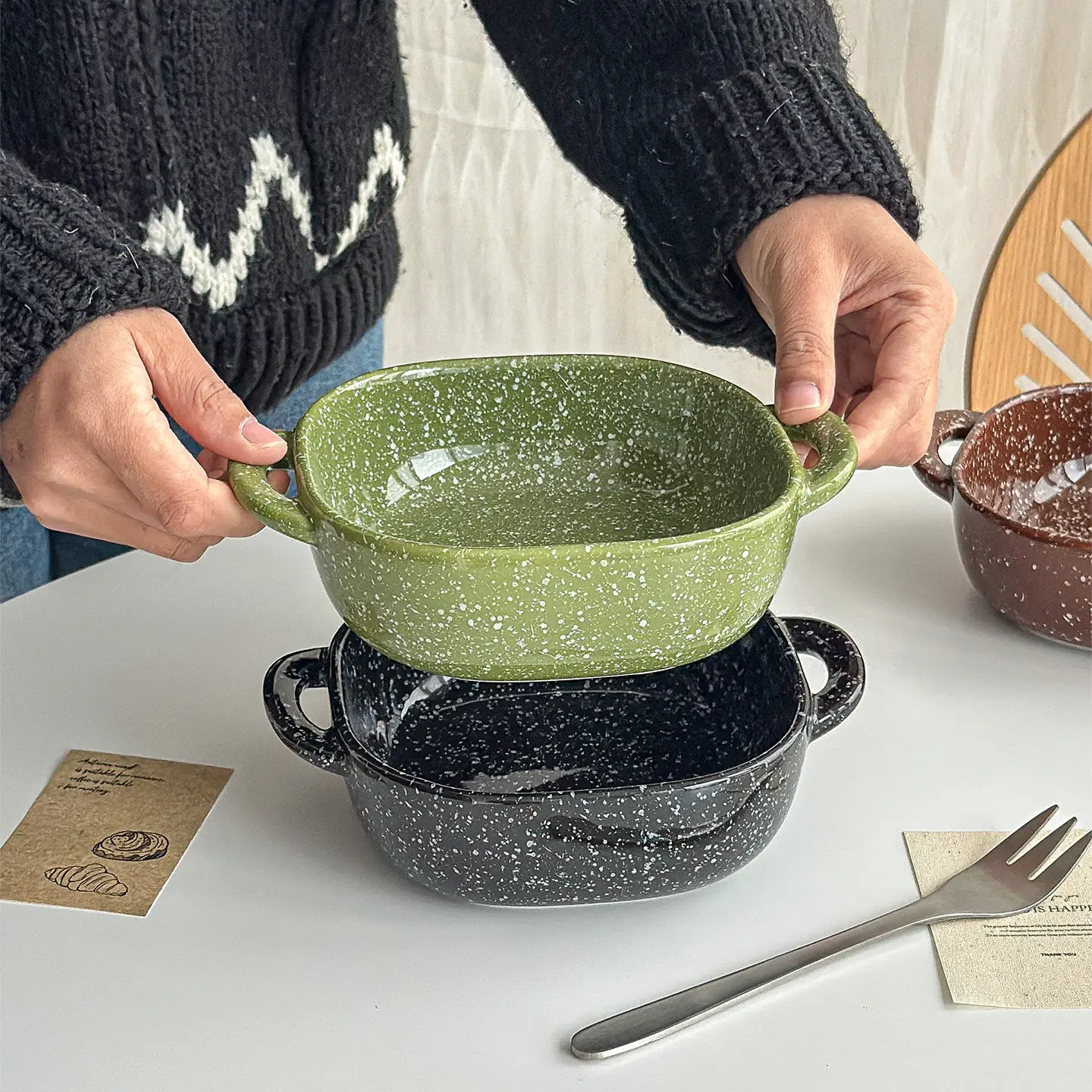 

Speckled Glaze Double Handle Bowl Korean Style Household Salad Fruit Ceramic Baking Bowls Kitchen Food Serving Tablewares