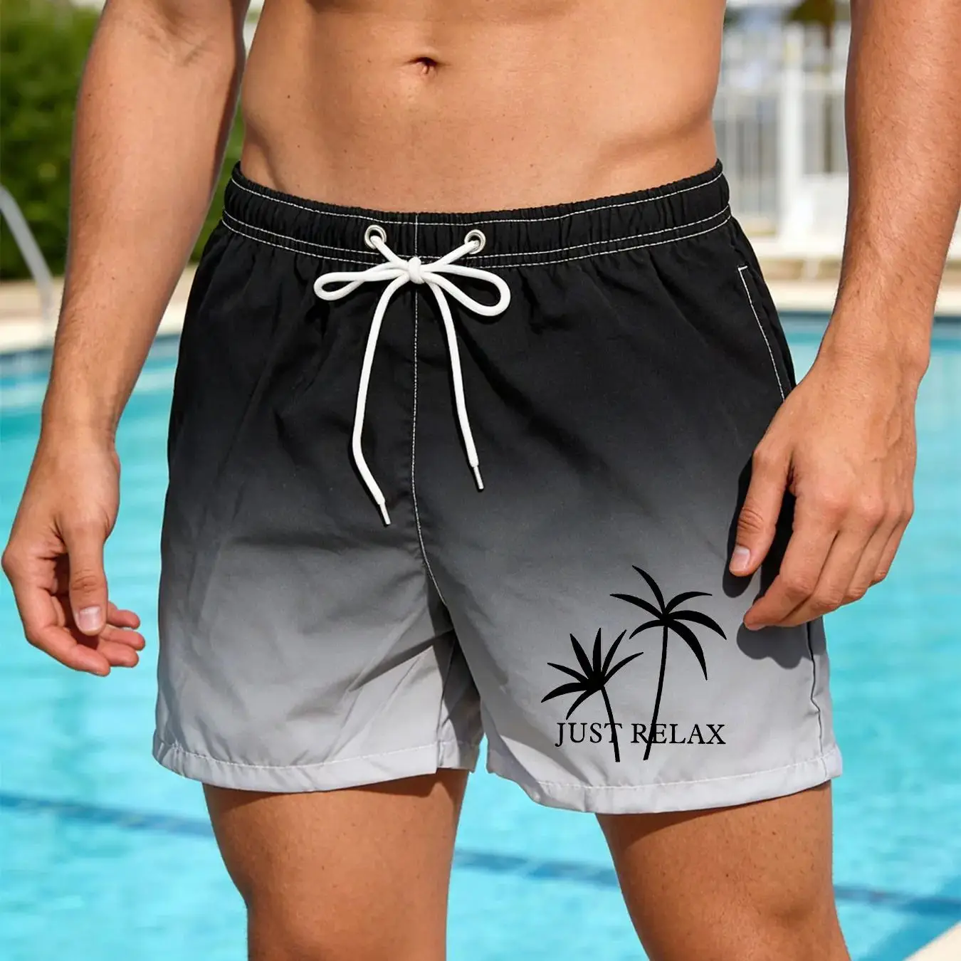 Quick Dry Gradient Swim Trunks Men Just Relax Palm Tree Graphic Drawstring Summer Beachwear Shorts