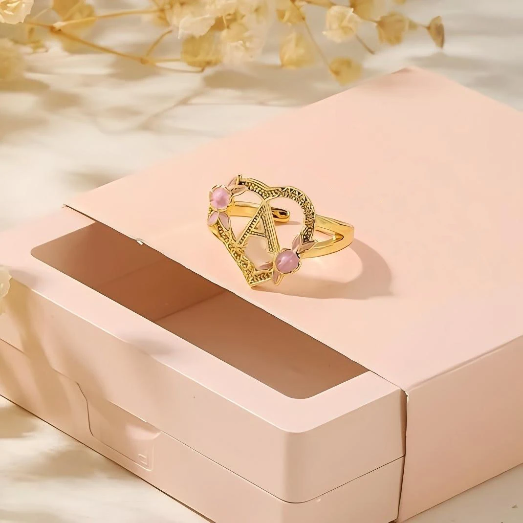 

14K Gold Plated Heart - Shaped Initial Ring with Pink Enamel Flowers - A-Z Initial Adjustable Floral Heart Rings For Women Gifts