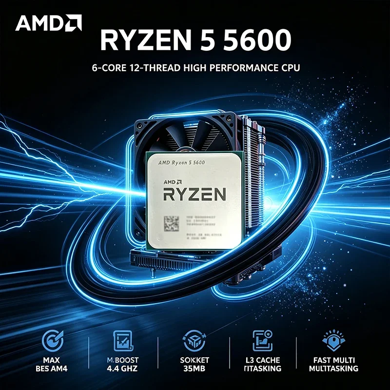 AMD Ryzen 5 5600 Processor 6-Core 12-Thread 3.5GHz Base, 4.4GHz Max Boost, AM4 Socket 35MB L3 Cache Unlocked Desktop CPU