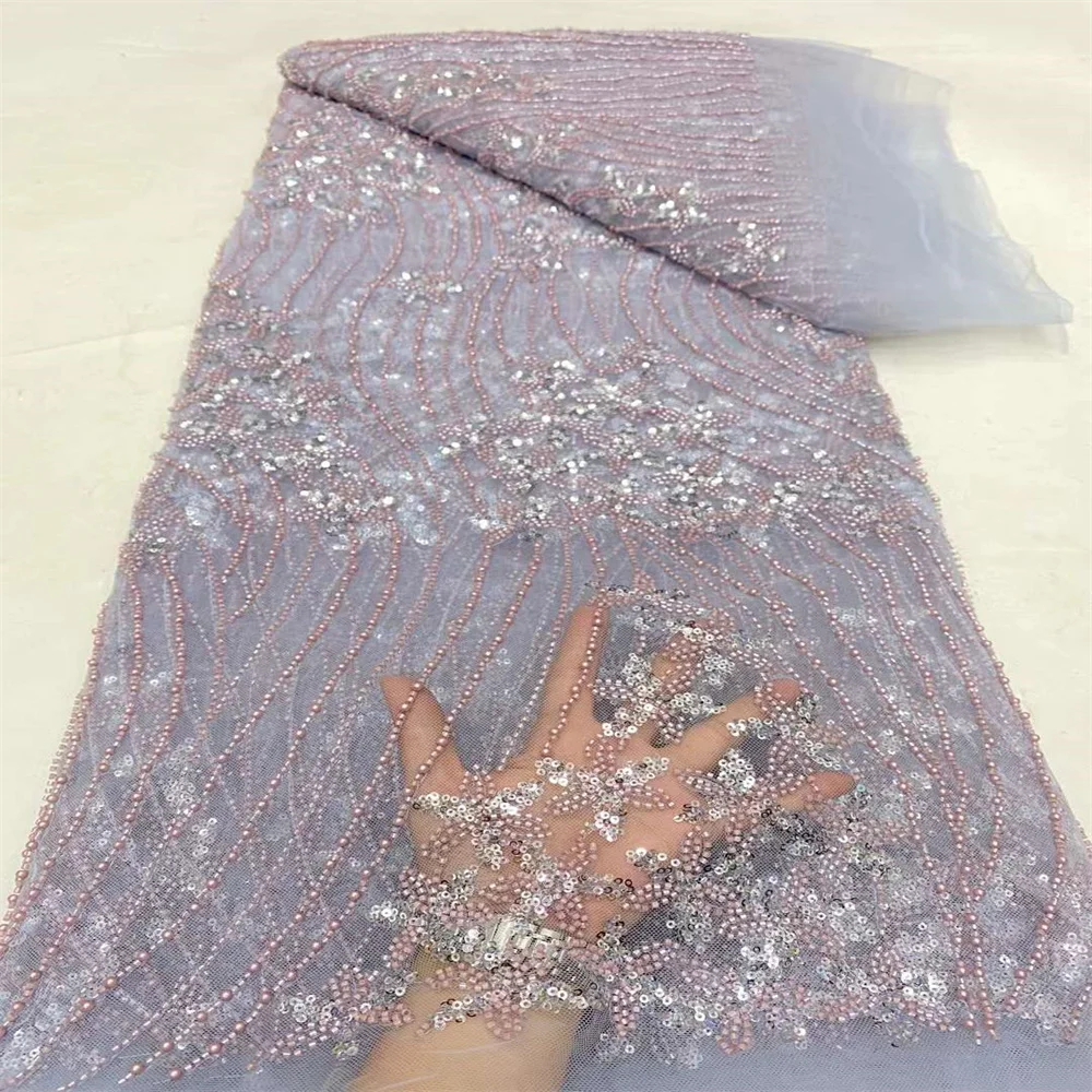 

African Lace Fabric High Quality Fashion French Mesh Embroidery Tulle Fabric Beads Nigerian Sequin Lace Fabric For Wedding Dress
