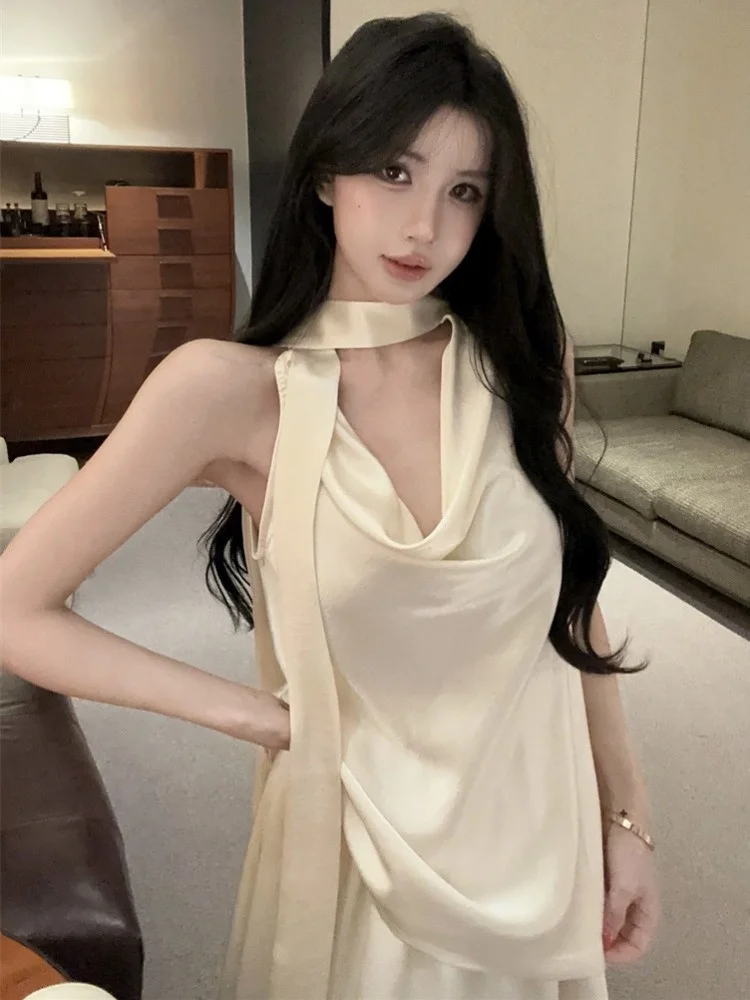 

Elegant Satin Two-Piece Set Women's High Waist Long Skirt with Hanging Neck Design And Sash Casual Korean Style Summer Outfit
