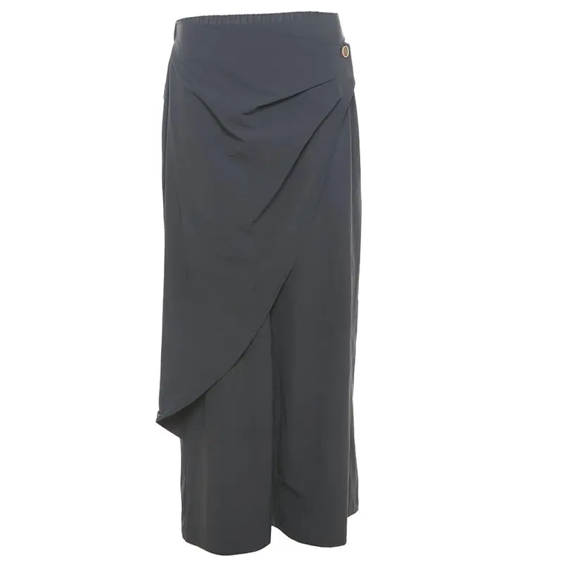 Gepersonaliseerde wijde pijpen broek dames nieuwe retro grijze geplooide casual broek hoge taille losse knop mode elegante kleding