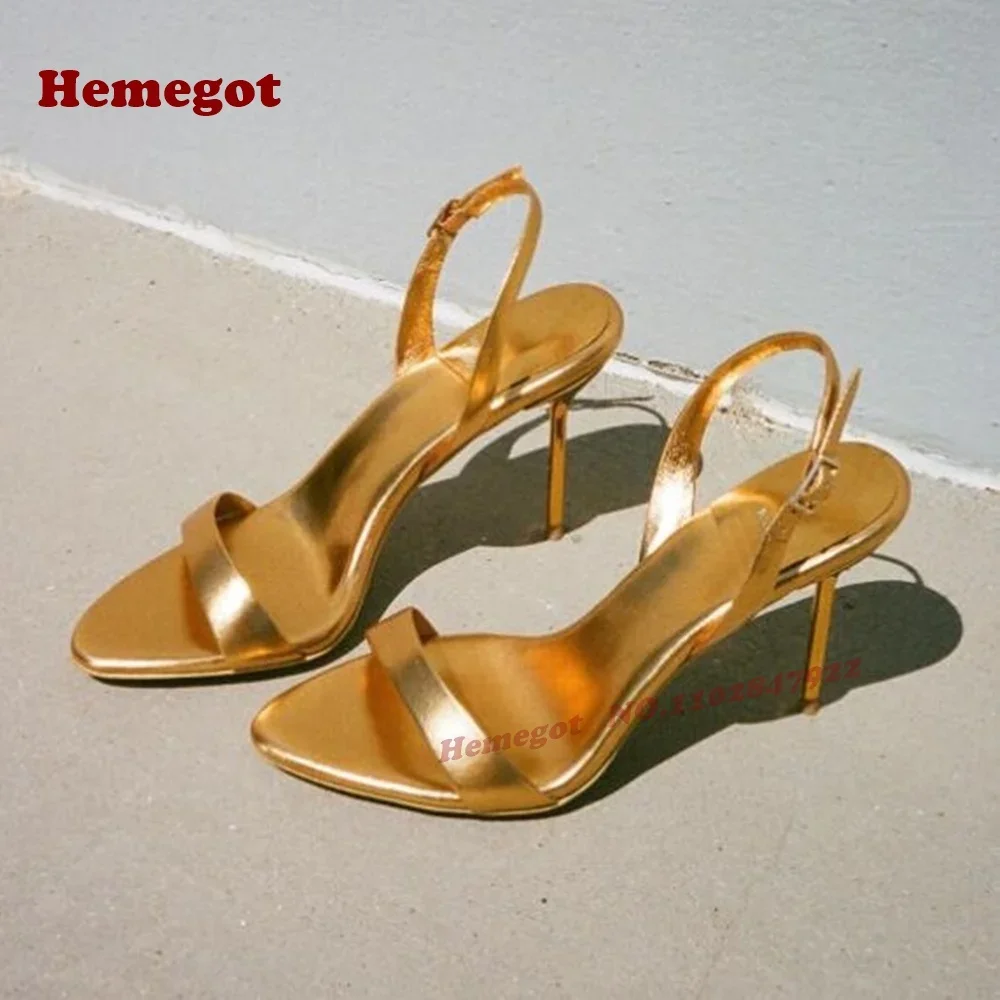 

Глянцевые золотые сандалии с пряжкой, летние женские сандалии на шпильке с открытым носком, Новое поступление 2023 года, однотонная обувь для подиума и вечеринок