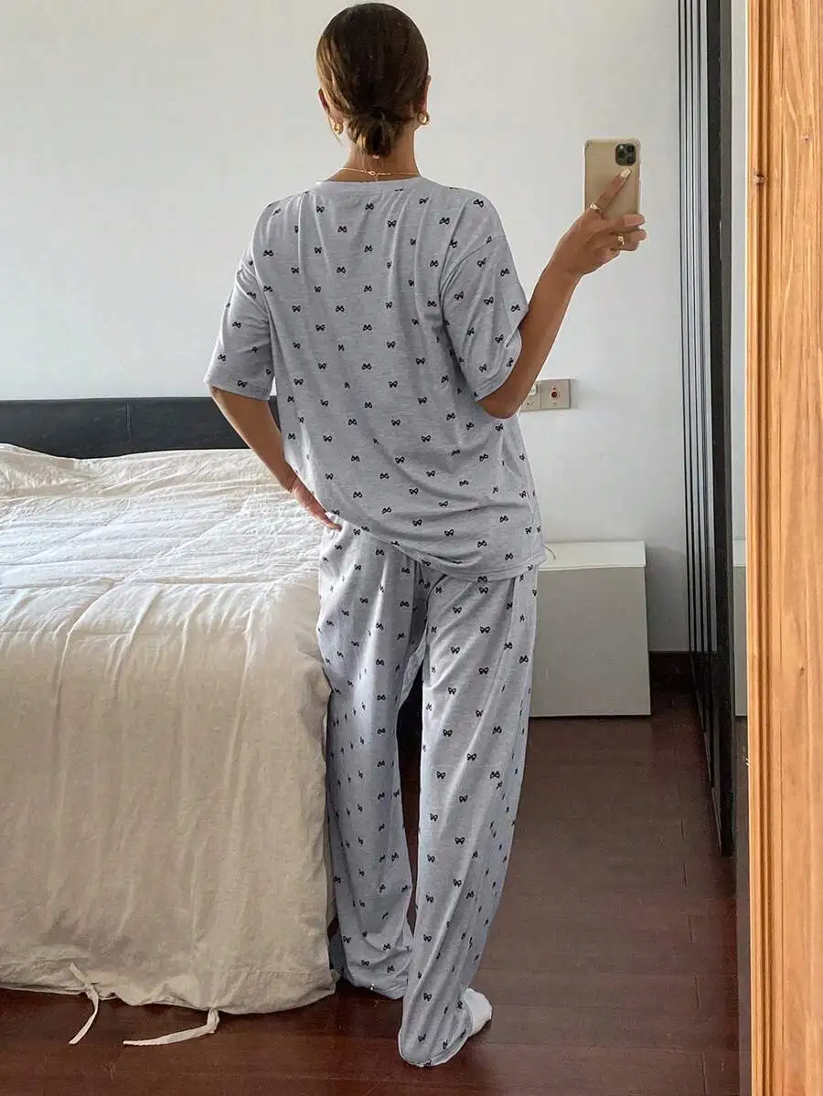 

Bowknot Print Casual Pajama Set Women Sleepwear Top And Pants