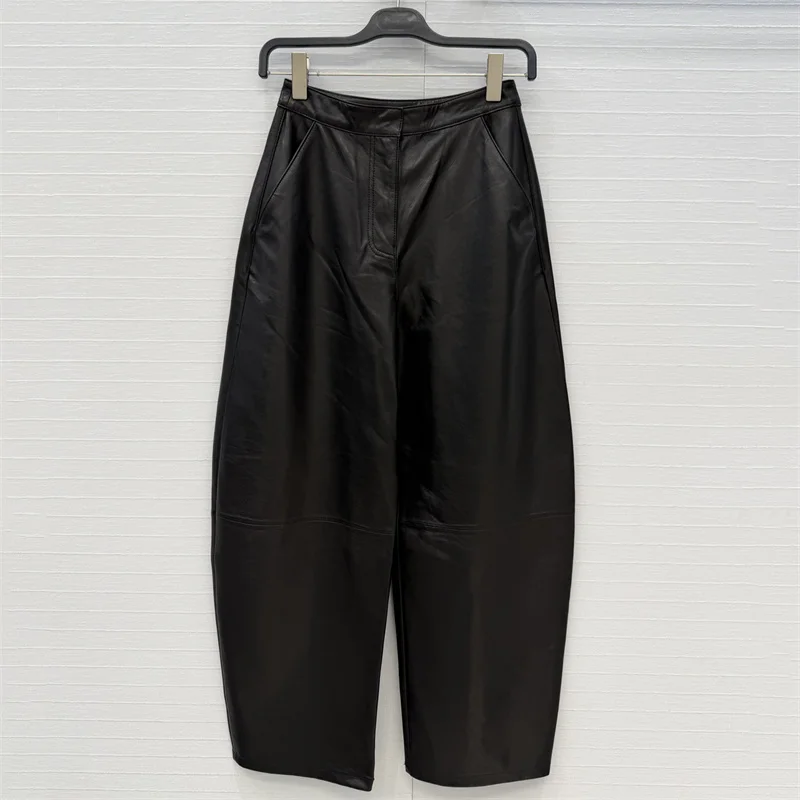 Women's pants New high waisted slim fit straight leg pants for autumn 2026 100% sheepskin splicing women's curved knife pants