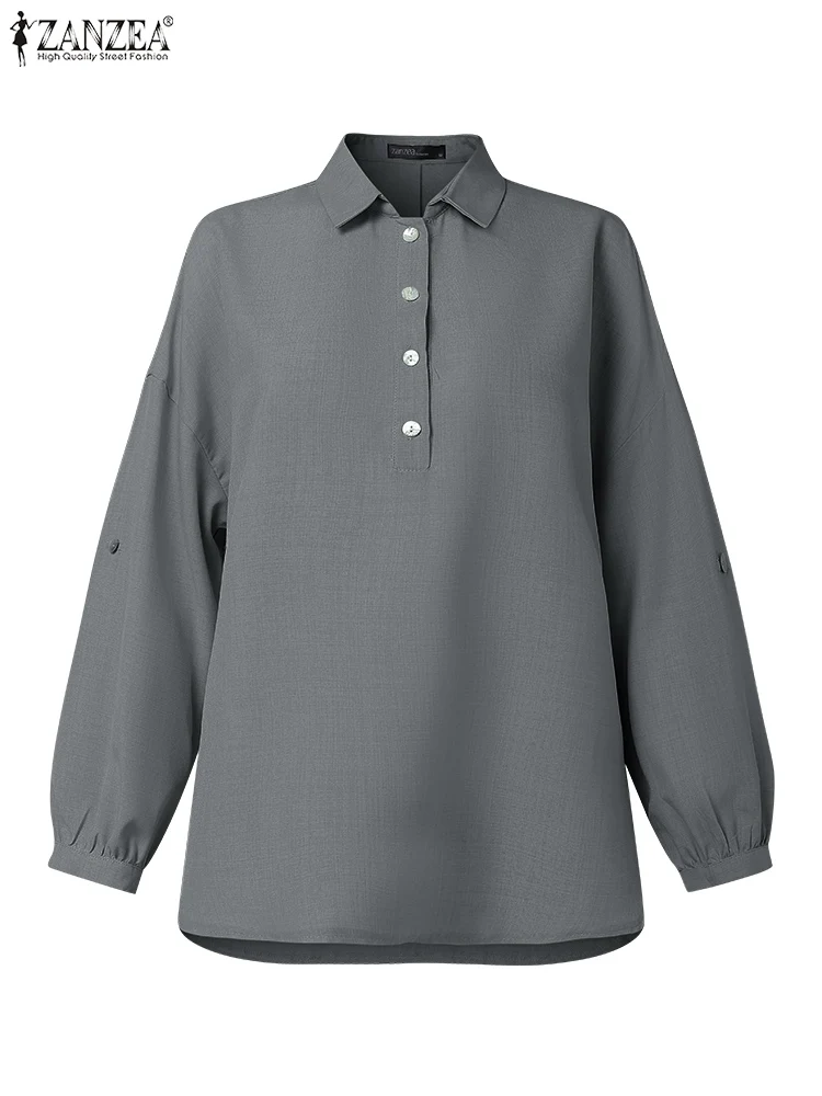 

Модные топы ZANZEA, винтажная блузка с длинным рукавом, 2025 г., женские однотонные рубашки, уличная одежда, корейская туника, осенняя повседневная свободная блузка