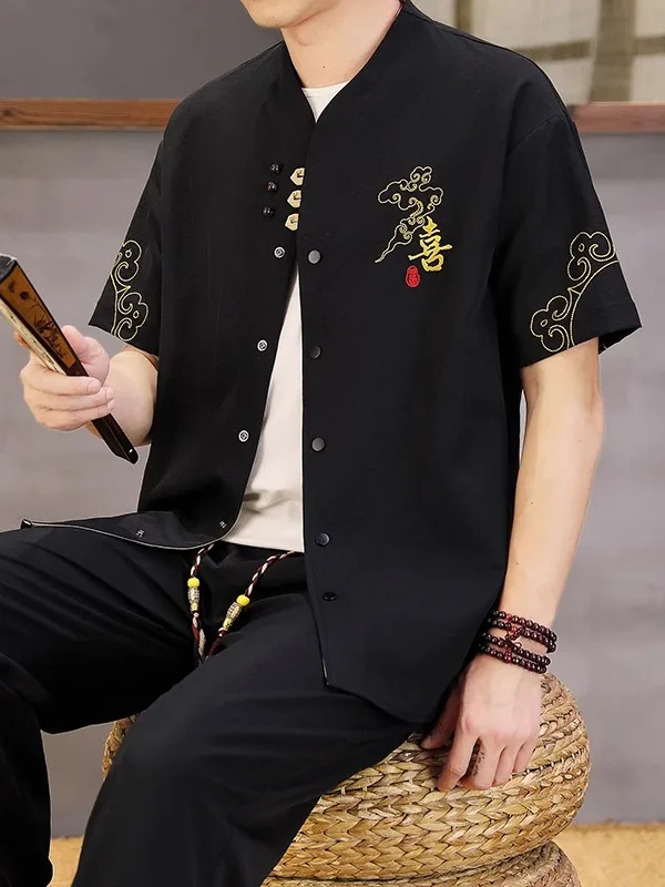 new-chinese-sle-ice-silk-embroidered-casual-irt-ort-sve-thin-summer-set-two-pieces-hanfu-tang-costume-for-men