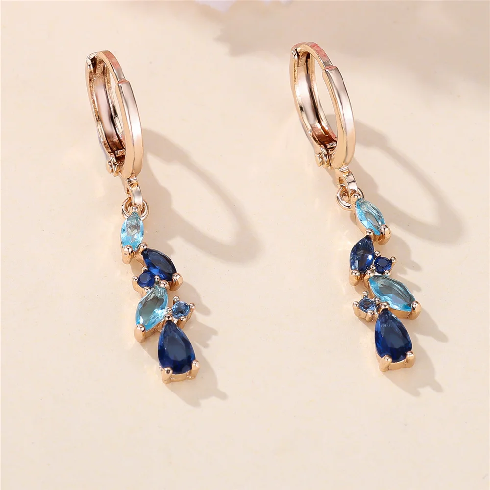 Charm Female Blue Crystal Zircon Stone Wheat Hoop Earrings Gold Color Simple Wedding Jewelry For Women