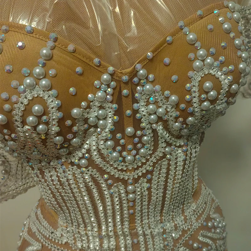 White Pearls  Dress See through Women Singer Festival Dresses Evening Dress Performance Outfit Stage Catwalk Wear