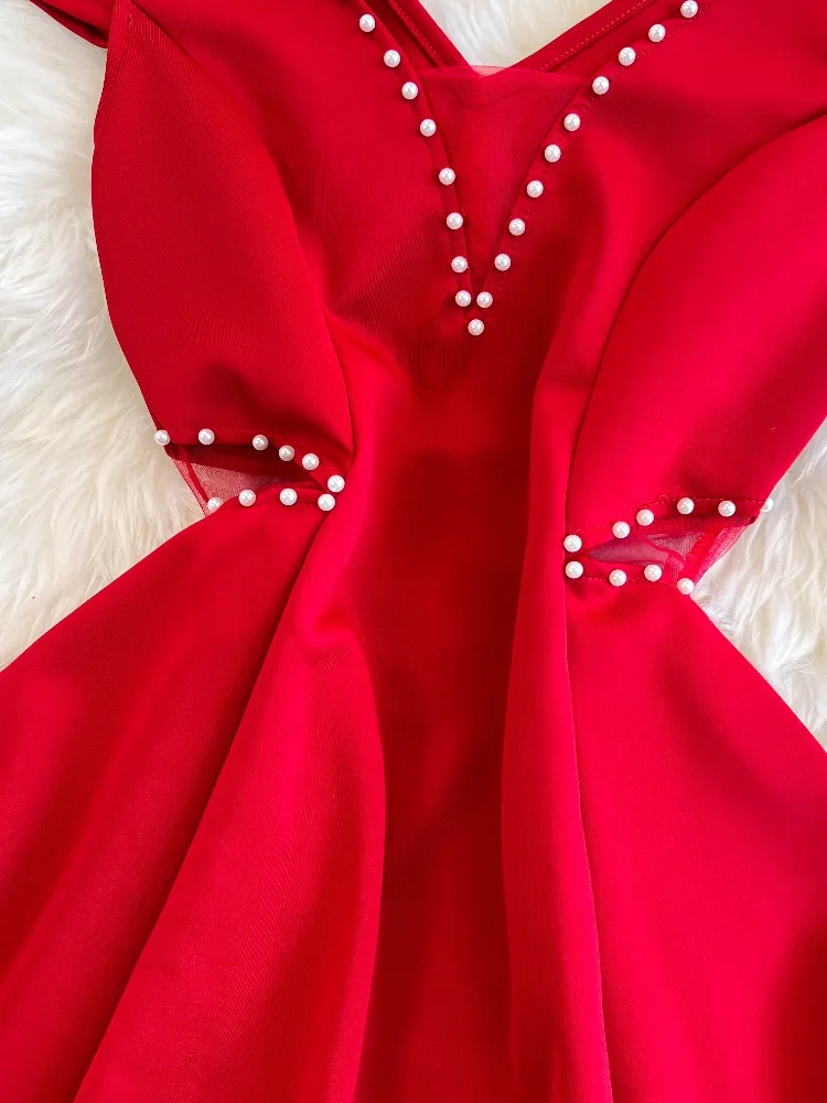 Foamlina Red V-neck Night Club Dress Female Sexy Mesh Waist Hollow Out Skinny Backless Low Chest A-word Dress for Women