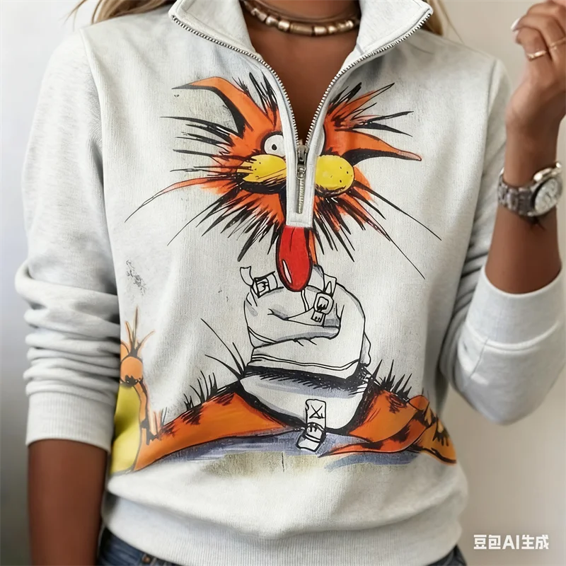 

Funny Cat Pattern Women's Half-zip Stand Collar Tops Cute Animal 3D Printed Long Sleeve Tops Fashion Oversized Female Clothing