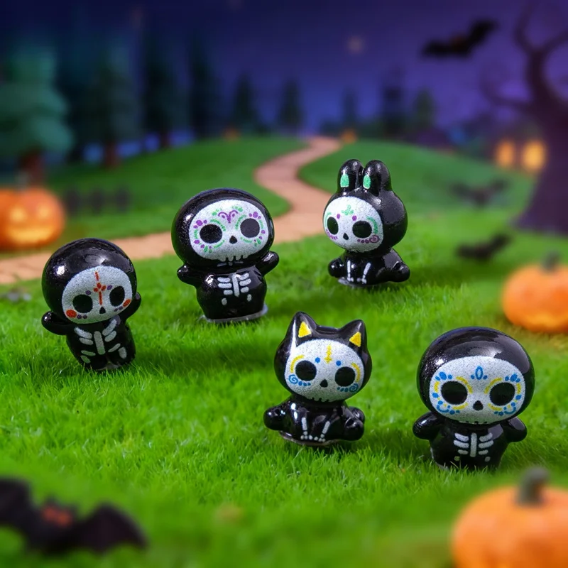 5 Stück Halloween-Totenkopf-Geister-Dekorationen, Mikro-Landschafts-Dekoration aus Kunstharz, Mini-Auto-Dekorationen für den Tag der Toten, für Zuhause, Schreibtisch, Party