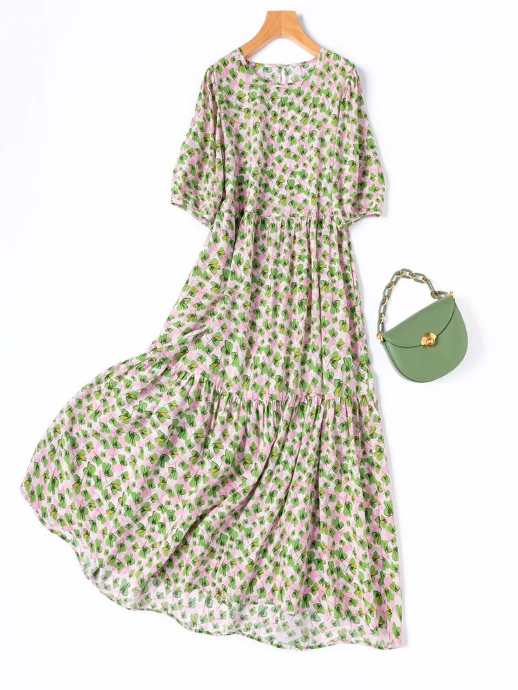 Women's Casual Summer New 2.7-meter Large Swing 100% Natural Mulberry Silk Crepe De Chine Vacation Style Bubble Sleeve Dress