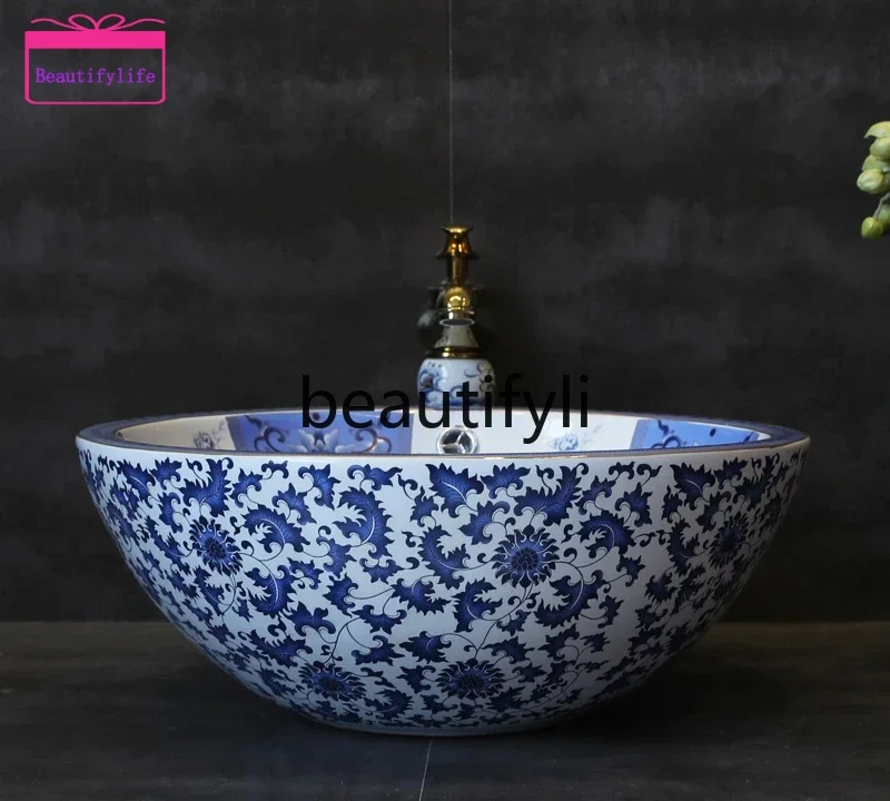 YL Round wash basin ceramic table basin Chinese blue and white art washbasin