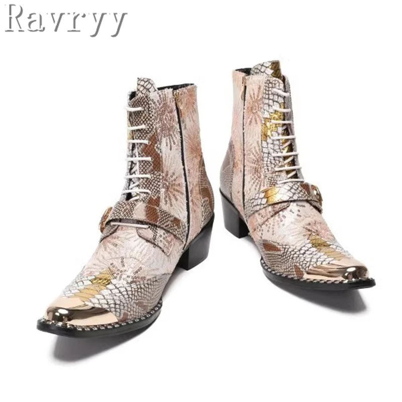 Men Chelsea Boots Metal Square Toe Belt High-Heeled Short Western Cowboy Boots Genuine Leather Printing Stage Show Party Boots