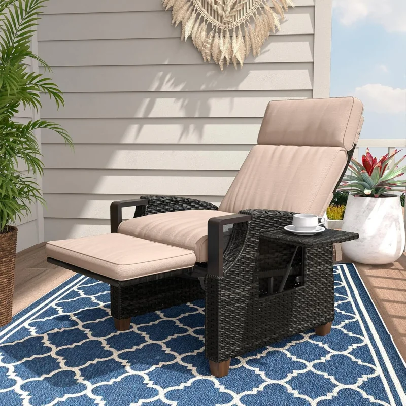

1PC Wicker Outdoor Recliner, 150° Lay Flat Reclining Chair with Pump,Adjustable Backrest & Footrest,Removable Olefin Cushion