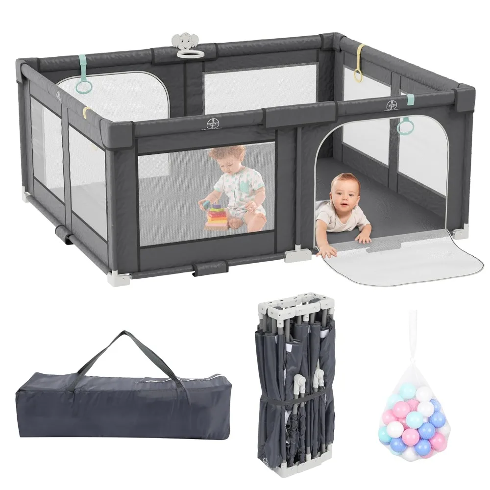 

72" X 59" Foldable Playpen, Potable Baby Play Yard with Carry Bag, Baby Gate Playpen with Anti-Slip Suckers & Zipper