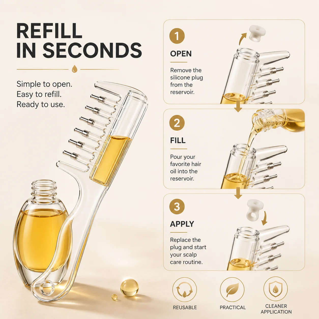 1/2 Pc Scalp Oil Applicator Comb, Refillable Liquid Applicator With Visible Chamber & Gentle Roller Tips