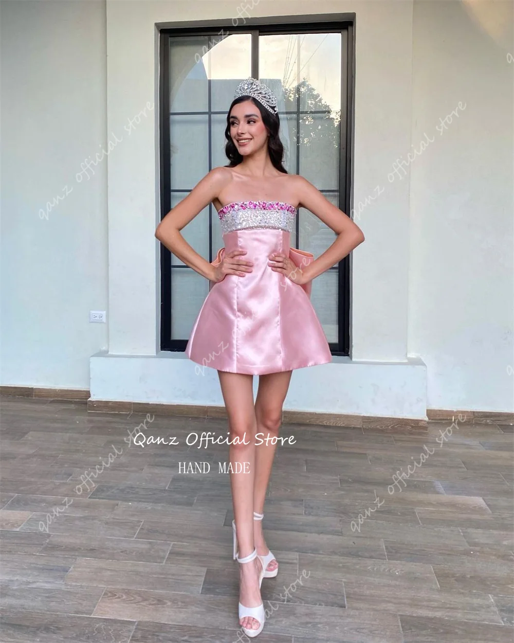 Qanz Pink Princess Cocktail Dresses Short Mini Satin Crystal Opne Back Vestidos De Gala Birthday Dresses Women Customized