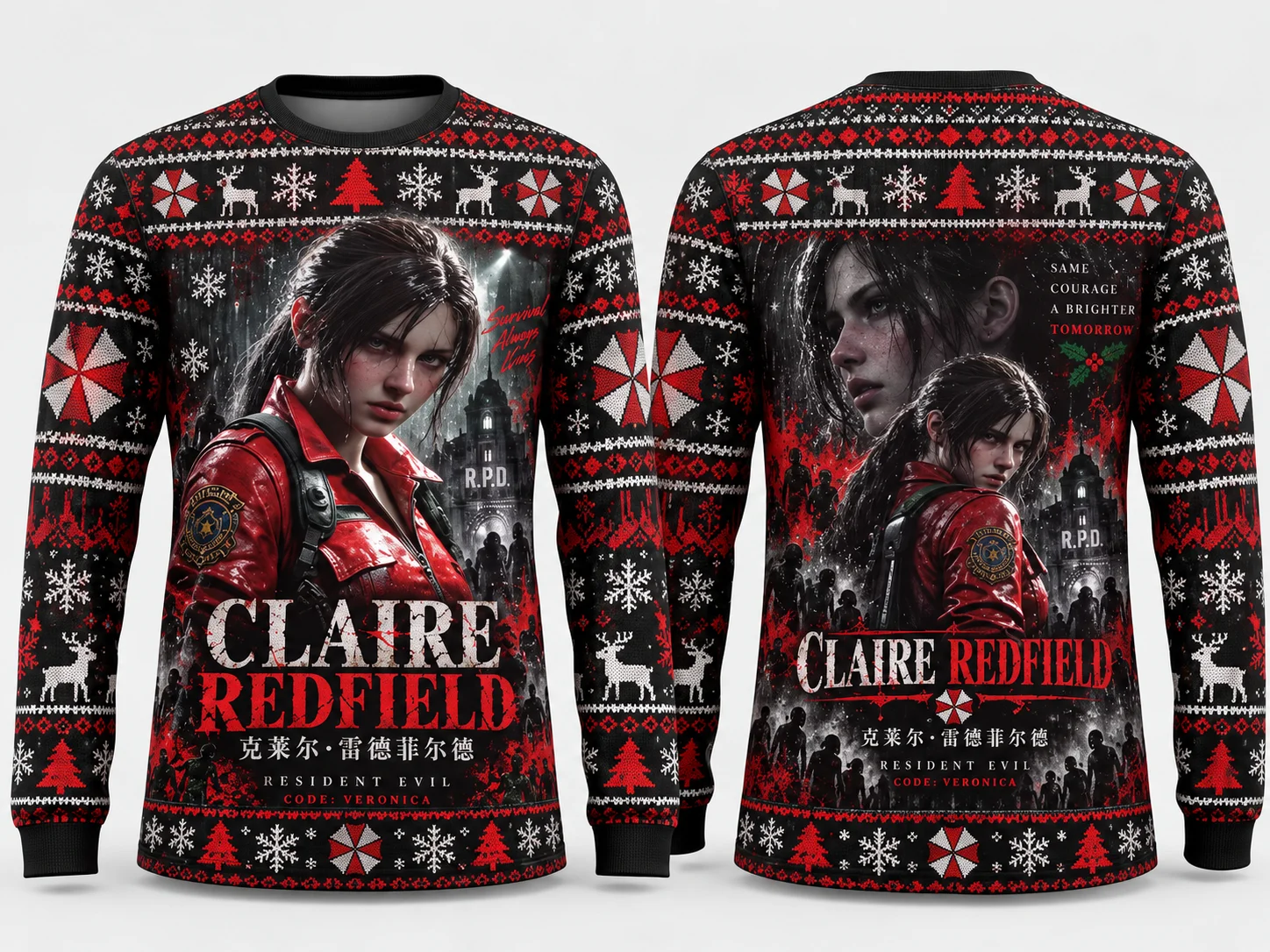 Family Matching Claire Redfield Resident Evil Code Veronica Ugly Christmas Sweater 3D Print Xmas Sweatshirt for Adults Kids