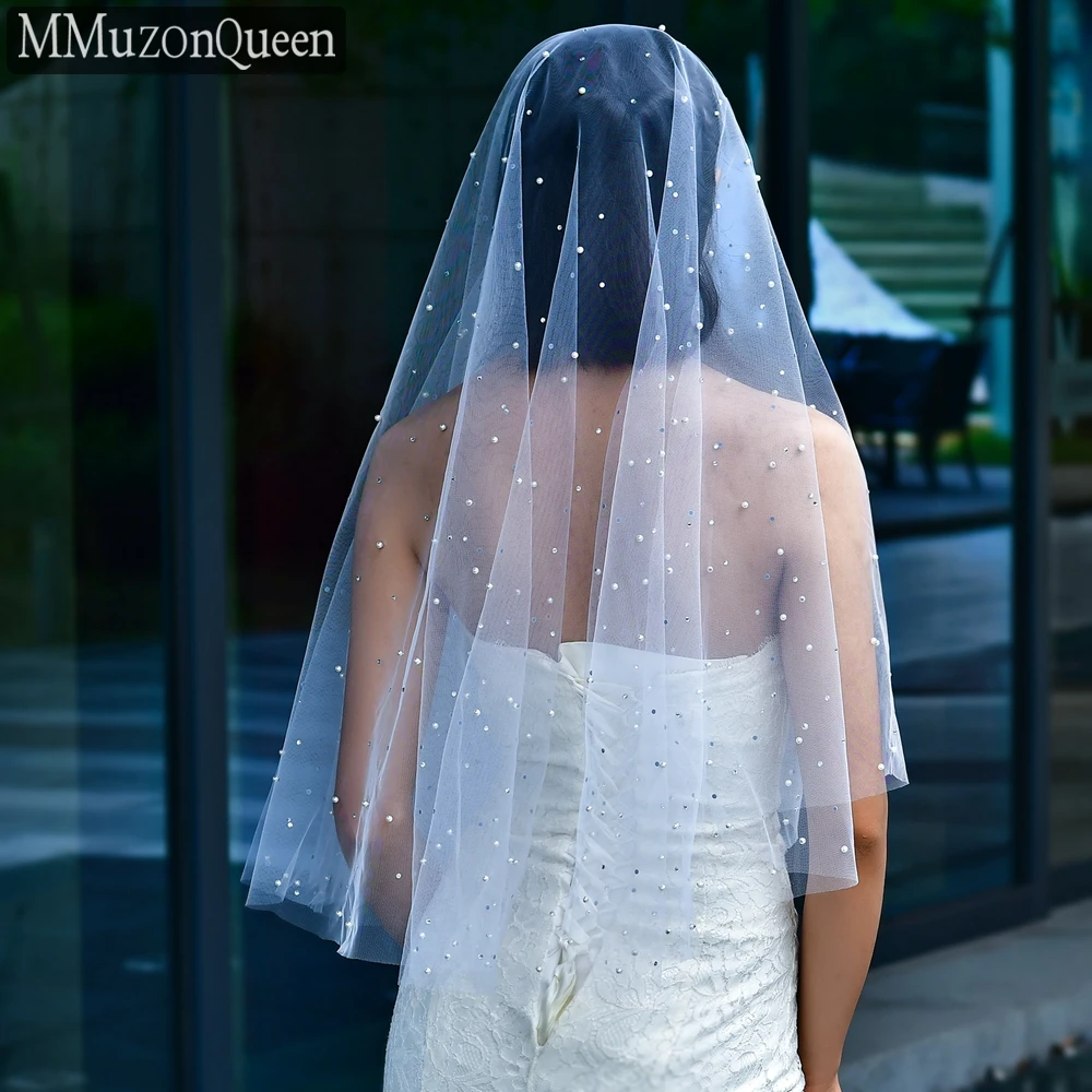 Velos de novia con diamantes de imitación y perlas de MZA62-N, velo de novia de 1 nivel con rubor, una capa de tul, sin peine