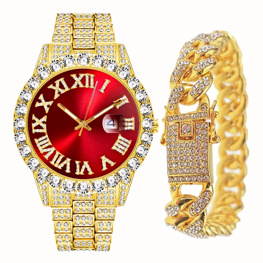 

Полный браслет Iced Out Мужчины Bling Miami Cuban Chain Rhinestone Iced Out Часы для мужчин Ювелирные изделия Хип-хоп Роскошные золотые часы Мужчины Женщины