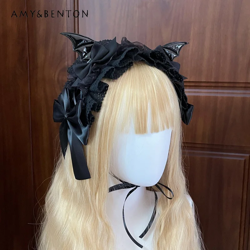 

Gothic Lolita Headdress Dark Wings Demon Hair Band Bow KC Subculture Halloween Headdress Clip Cool Cute Hair Clips Accesorios