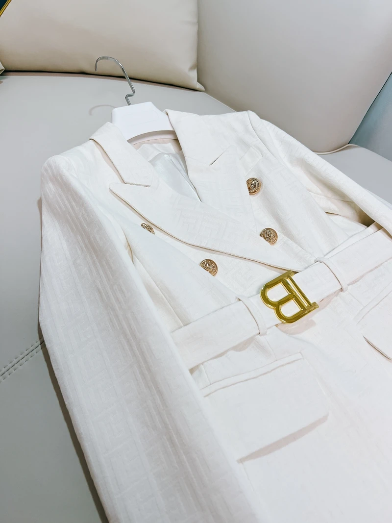 

Retro Briti Sle Women's Suit Jaet with Belt High End Feeling White Lady Ele Count High Rank Polyester Long Sve